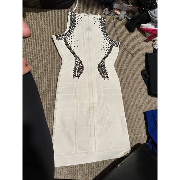 Herve Leger Dress White Suriya Alabaster Silver Beaded XS NWT - Picture 6 of 10